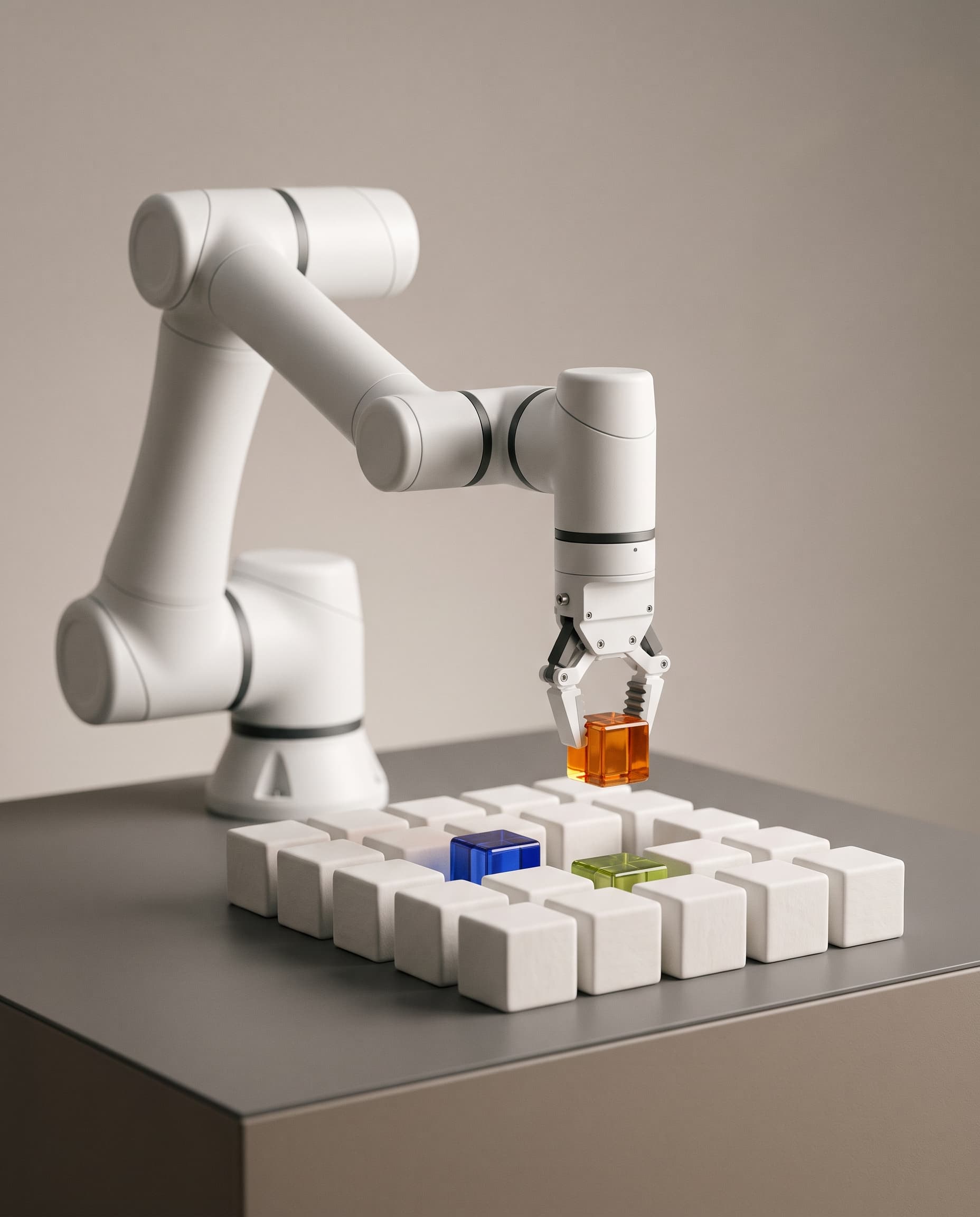A white robotic arm placing an amber glass cube onto a grid of white cubes