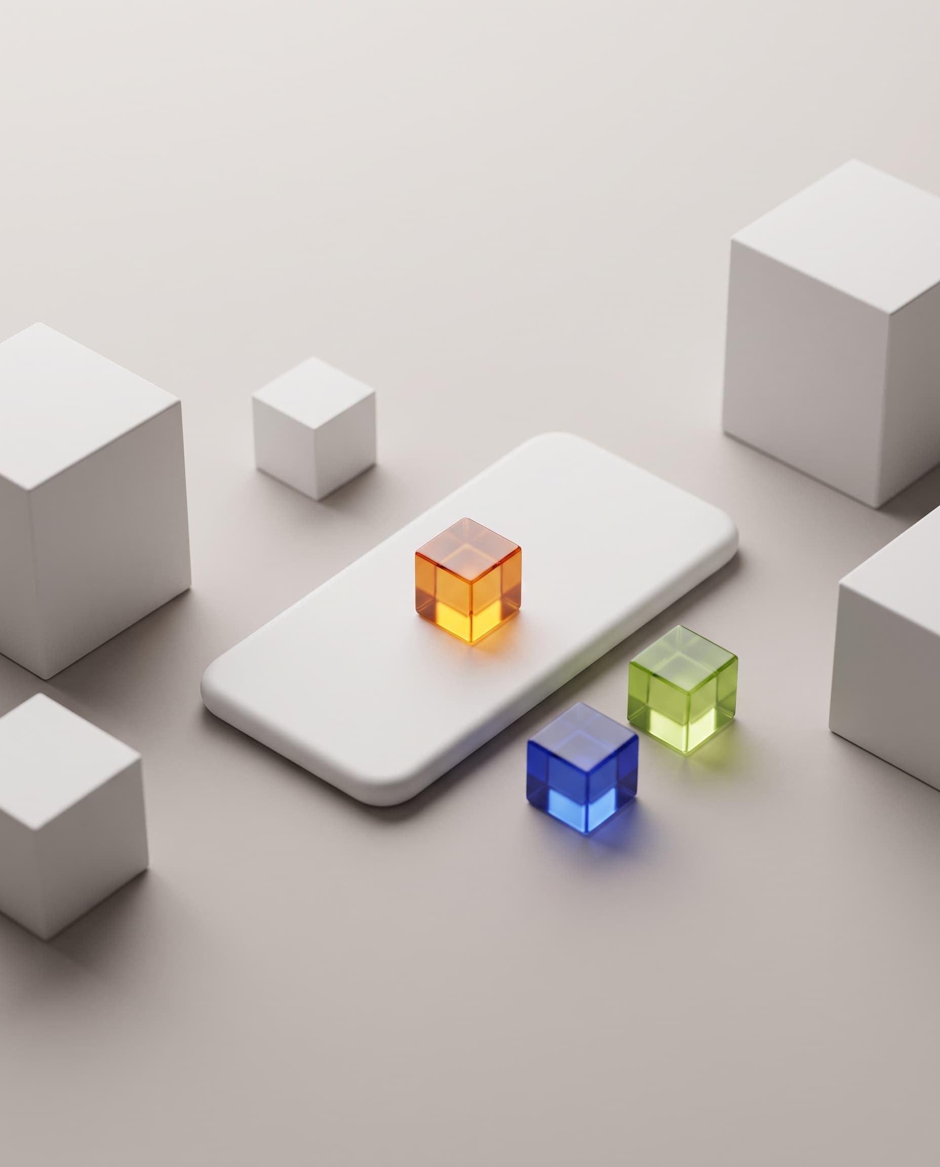 A plain white phone-shaped slab among white cubes, with an amber glass cube resting on it